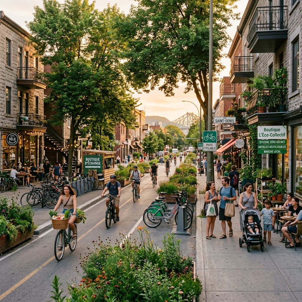 Vue aérienne d'un marché de quartier animé à Montréal