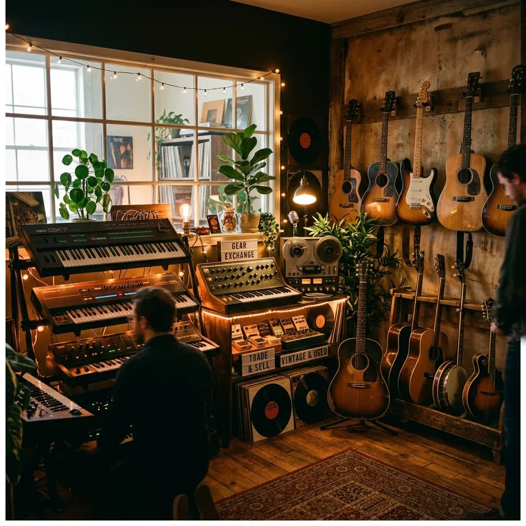Instruments de musique vintage et modernes sur une table en bois chaleureuse