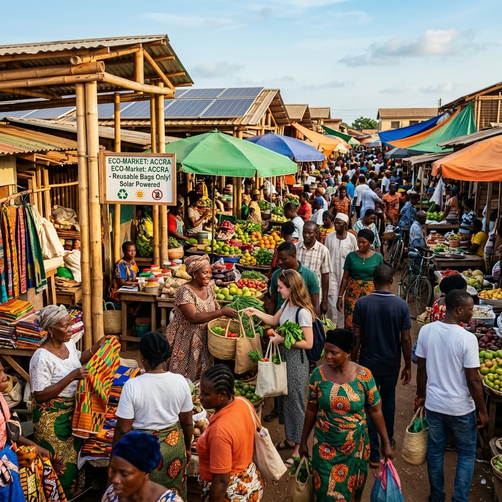 Scène de marché vibrante mêlant l'esthétique traditionnelle africaine aux concepts modernes de durabilité